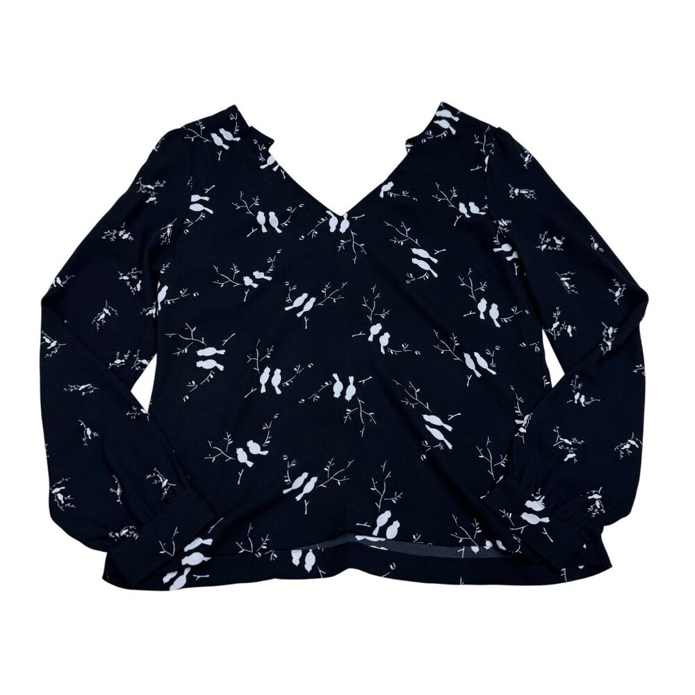 Loft Women's Black White Bird Pattern Puff Sleeve Blouse Top, Size XSP - Picture 2 of 9
